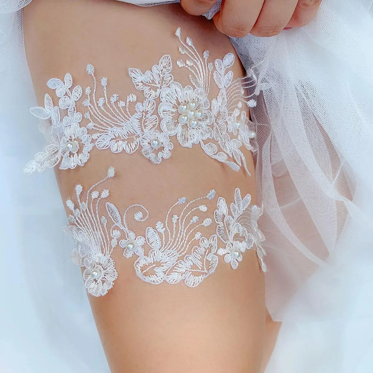 Bride Sexy Lace Flower Rhinestones Pearls Wedding Garter Belt Bridal Thigh Leg Garter Ring For Women Wedding Accessories