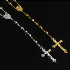 6mm Imitation Gold Rosary Necklace – Cross Pendant Beaded Chain ✝️✨