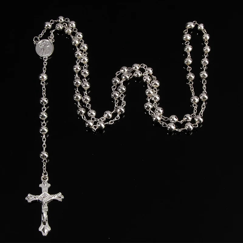 6mm Imitation Gold Rosary Necklace – Cross Pendant Beaded Chain ✝️✨