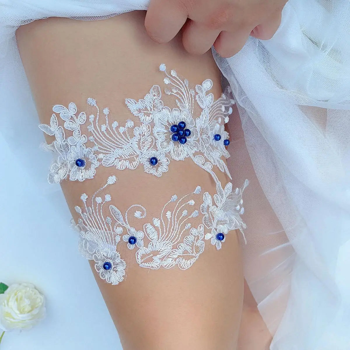 Bride Sexy Lace Flower Rhinestones Pearls Wedding Garter Belt Bridal Thigh Leg Garter Ring For Women Wedding Accessories