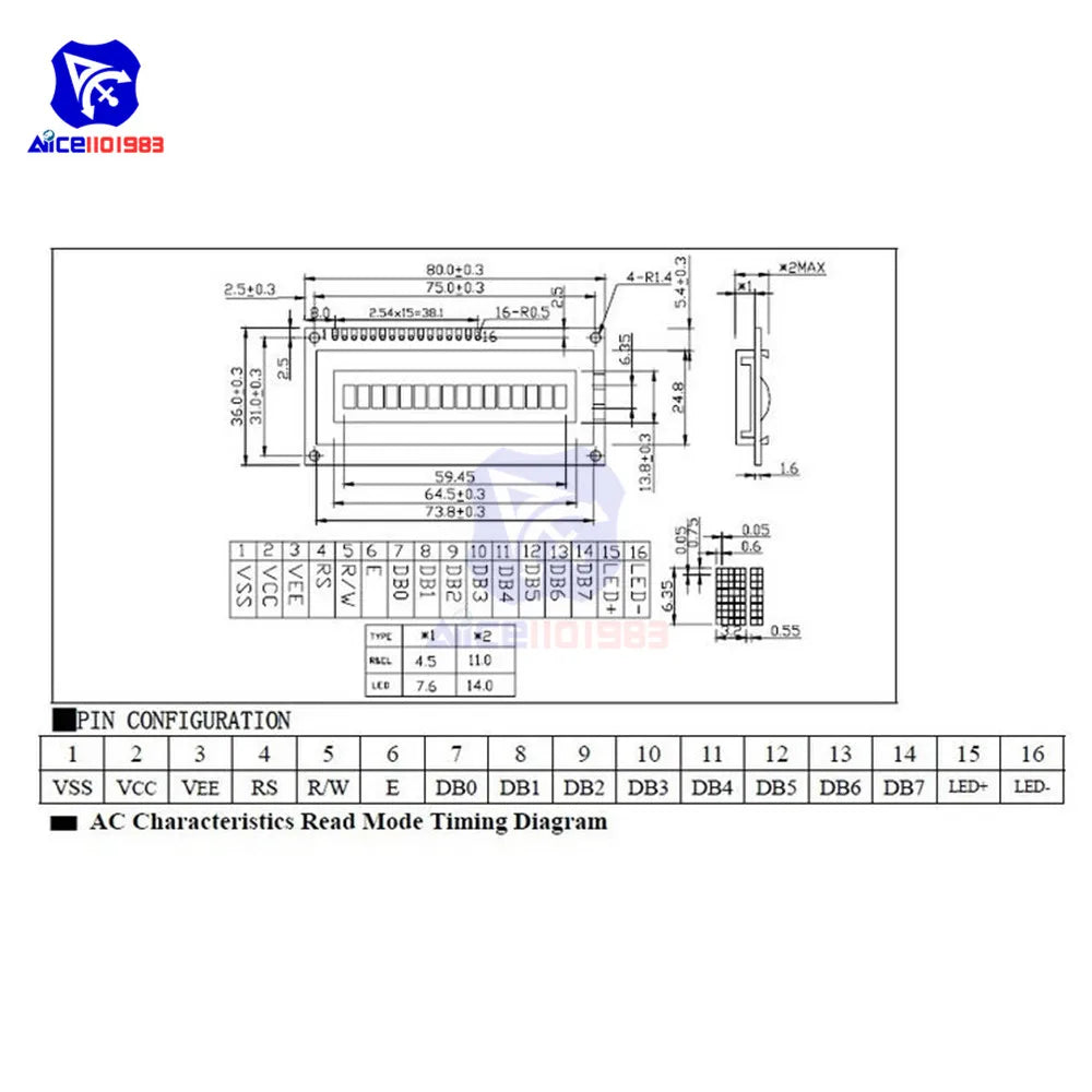 diymore 1601 LCD Display 16X1 Character Digital LCD Module LCM STN SPLC780D KS0066 for Arduino  R3 3D Printer 5V