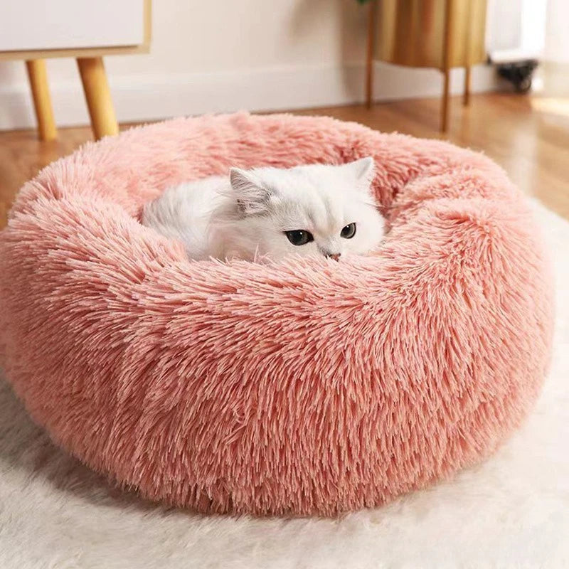 Striped Plush Pet Bed – Soft Round Nest for Cats & Dogs, Comfortable & Warm