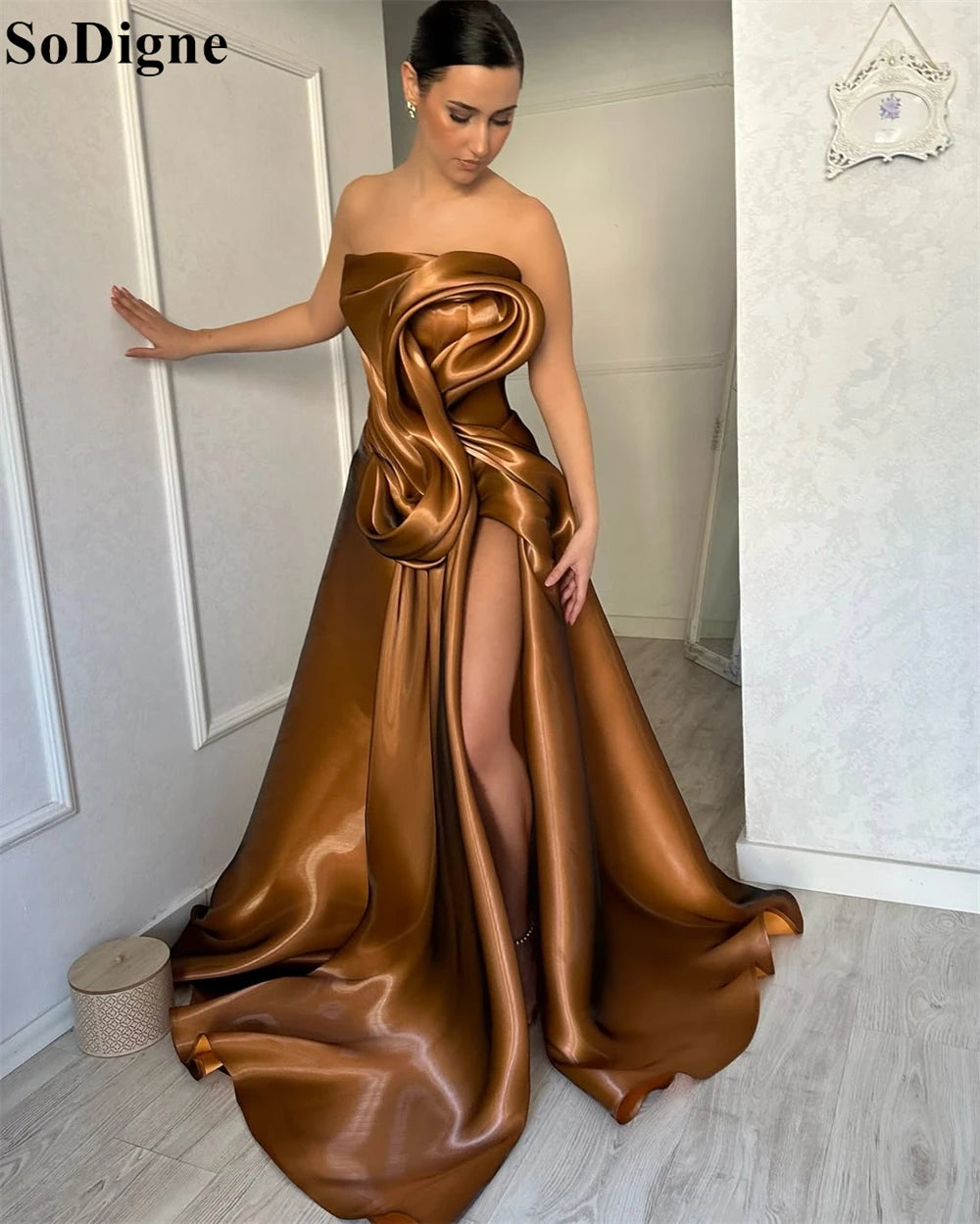 SoDigne Elegant Brown Evening Dresses A-Line Draped High Split Ruffles Strapless Long Party Dress Modern Prom Gowns Customized