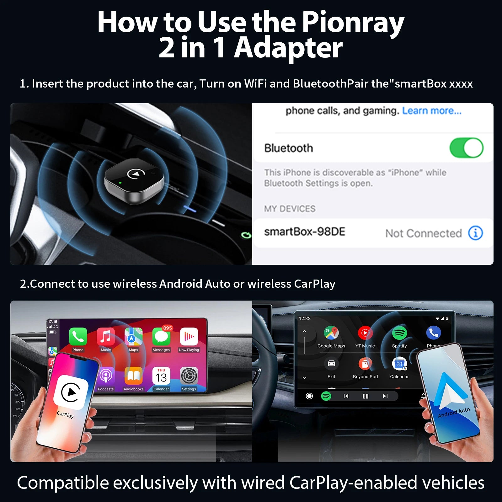 Pionray 2-in-1 Wireless CarPlay & Android Auto Adapter – 5GHz WiFi, USB/Type-C Plug & Play
