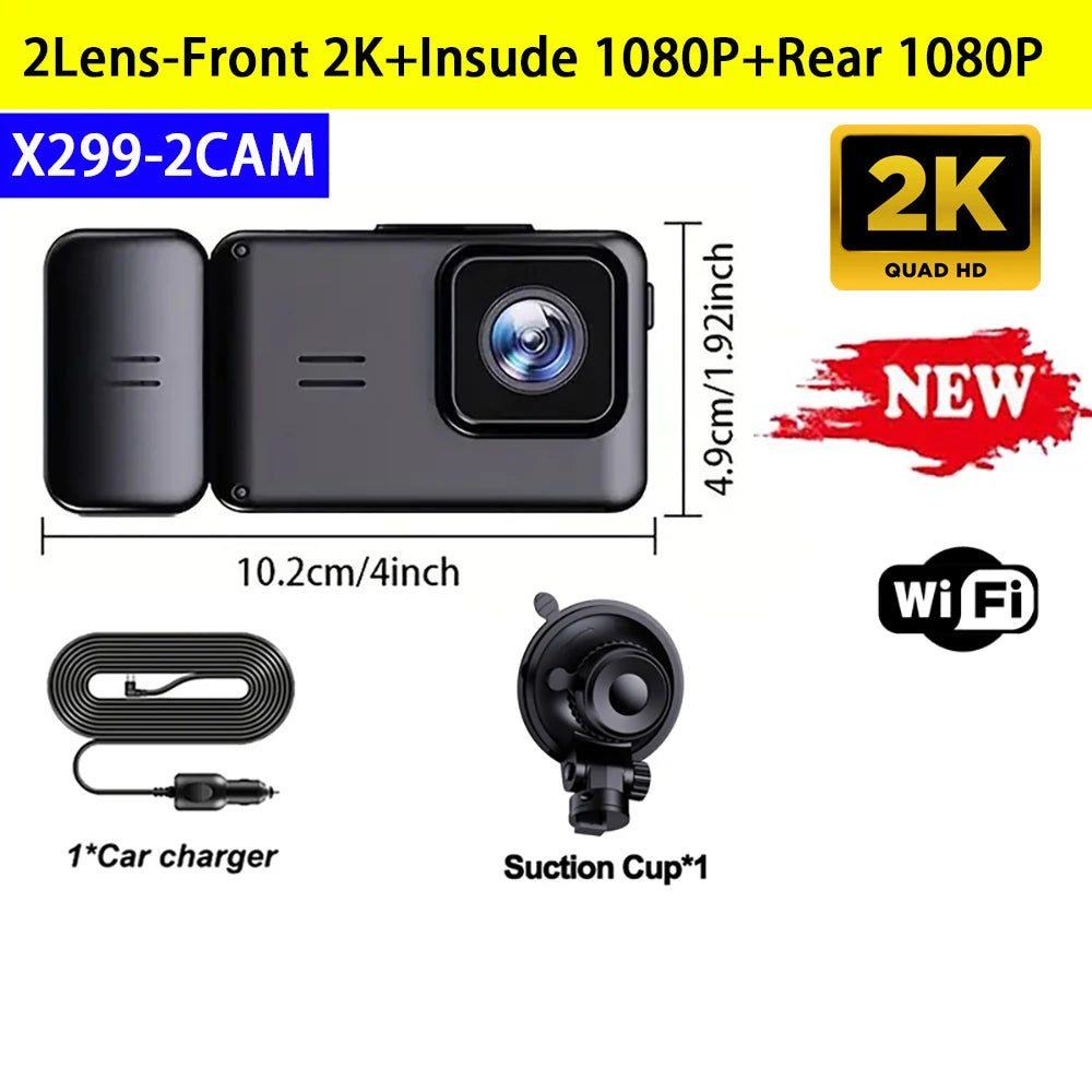 2K 3-Lens WiFi Car DVR Dash Cam with Night Vision & Parking Monitor 🚗📷