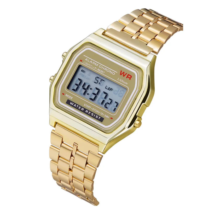 F91W LED Digital Watch – Steel Band, Multi-Functional Sports & Business Clock