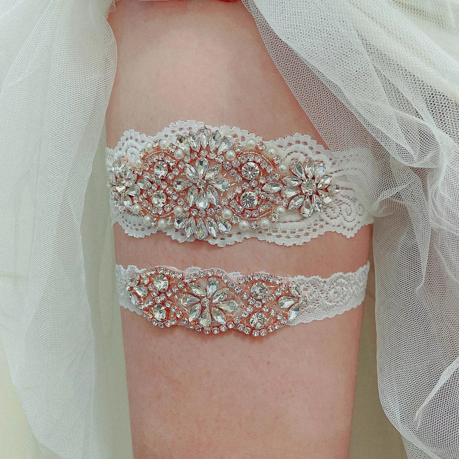 K03 2 PCS Sexy Lace Flower Crystal  Pearls Wedding Garter Belt Thigh Ring Bridal Leg Garter Stocking Garter Belt Girl Women