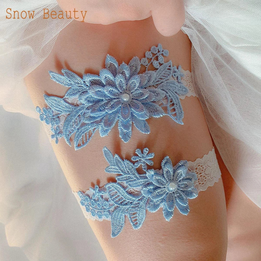 K03 2 PCS Sexy Lace Flower Crystal  Pearls Wedding Garter Belt Thigh Ring Bridal Leg Garter Stocking Garter Belt Girl Women
