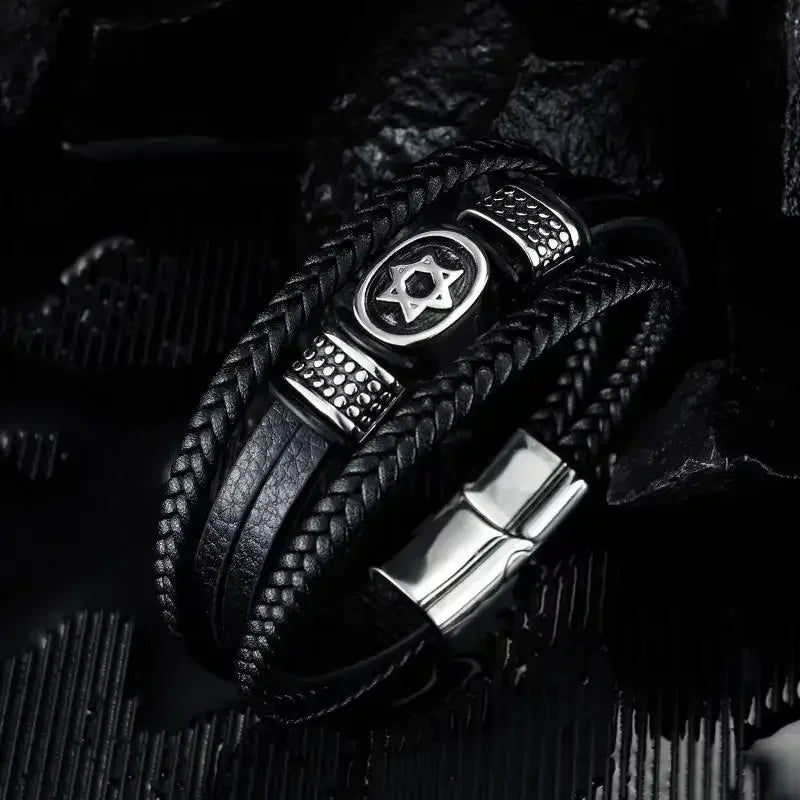 Men’s Star of David Bracelet – Vintage Leather Braided Judaica Jewelry ✡️🖤