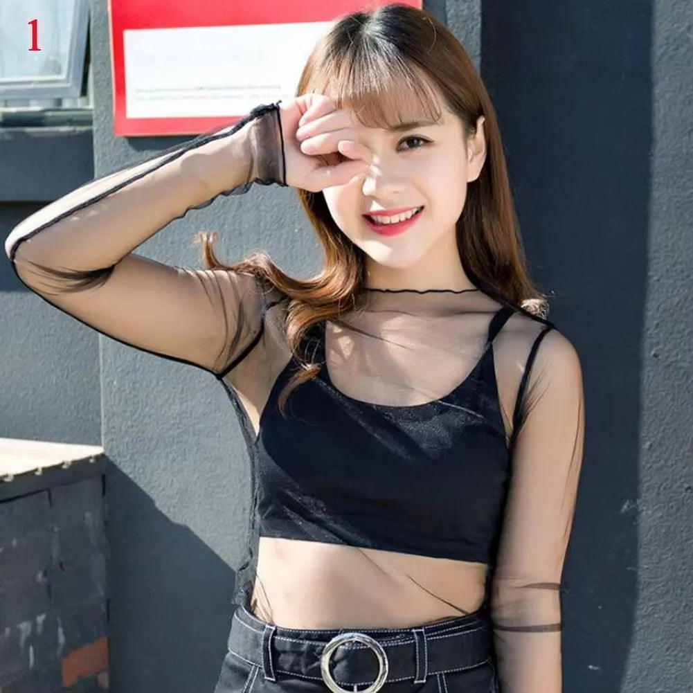 Spring Summer Women Sexy Black Mesh Tops Bottoming T Shirts Transparent Sheer Blouses Turtleneck Streetwear Tees Sunscreen Top