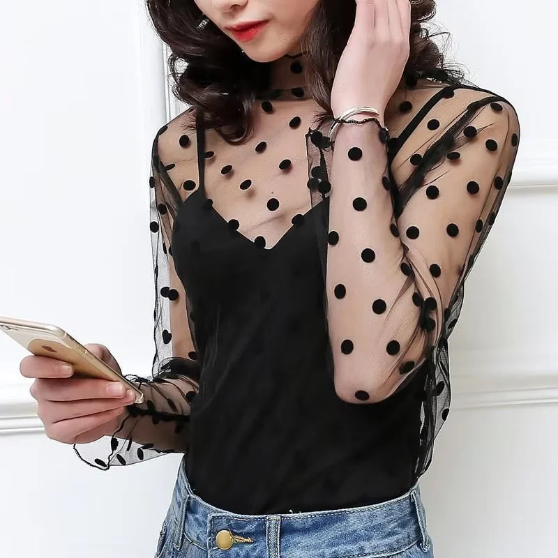 Spring Summer Women Sexy Black Mesh Tops Bottoming T Shirts Transparent Sheer Blouses Turtleneck Streetwear Tees Sunscreen Top