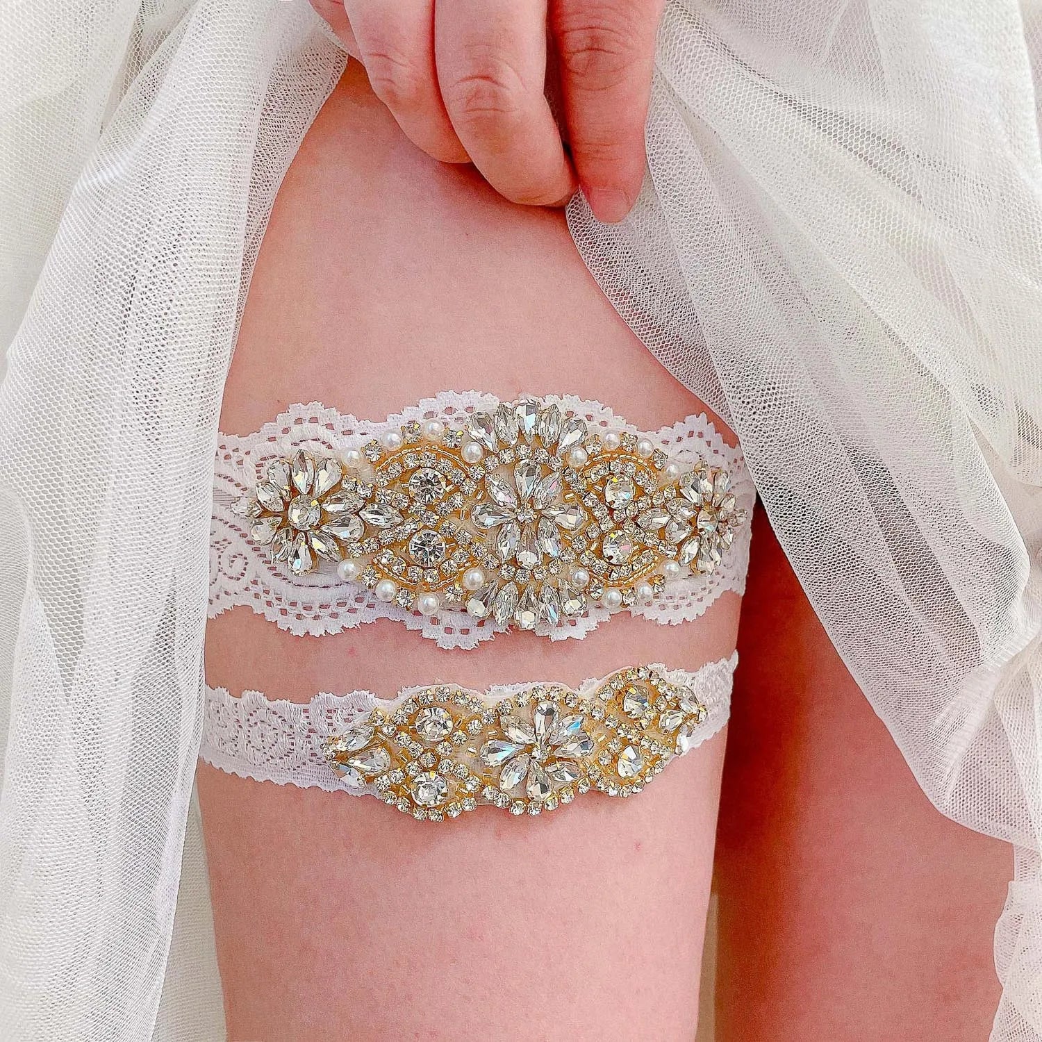 K03 2 PCS Sexy Lace Flower Crystal  Pearls Wedding Garter Belt Thigh Ring Bridal Leg Garter Stocking Garter Belt Girl Women