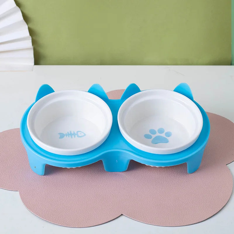 Inclined Double Ceramic Bowl – Protects Pet’s Neck