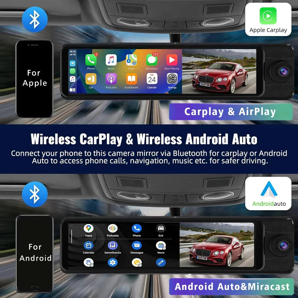 3 Channel 11" Mirror Dash Cam with Front 4K, in-Cabin & Rear 1080P Cameras, Enhanced Night Vision, G-Sensor & Parking Monitor,Tr