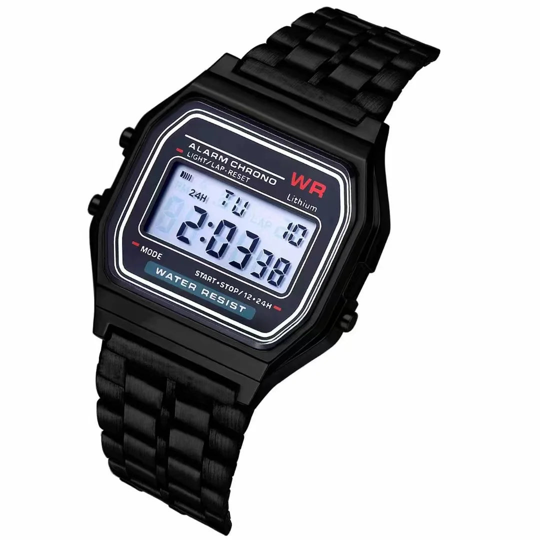 F91W LED Digital Watch – Steel Band, Multi-Functional Sports & Business Clock