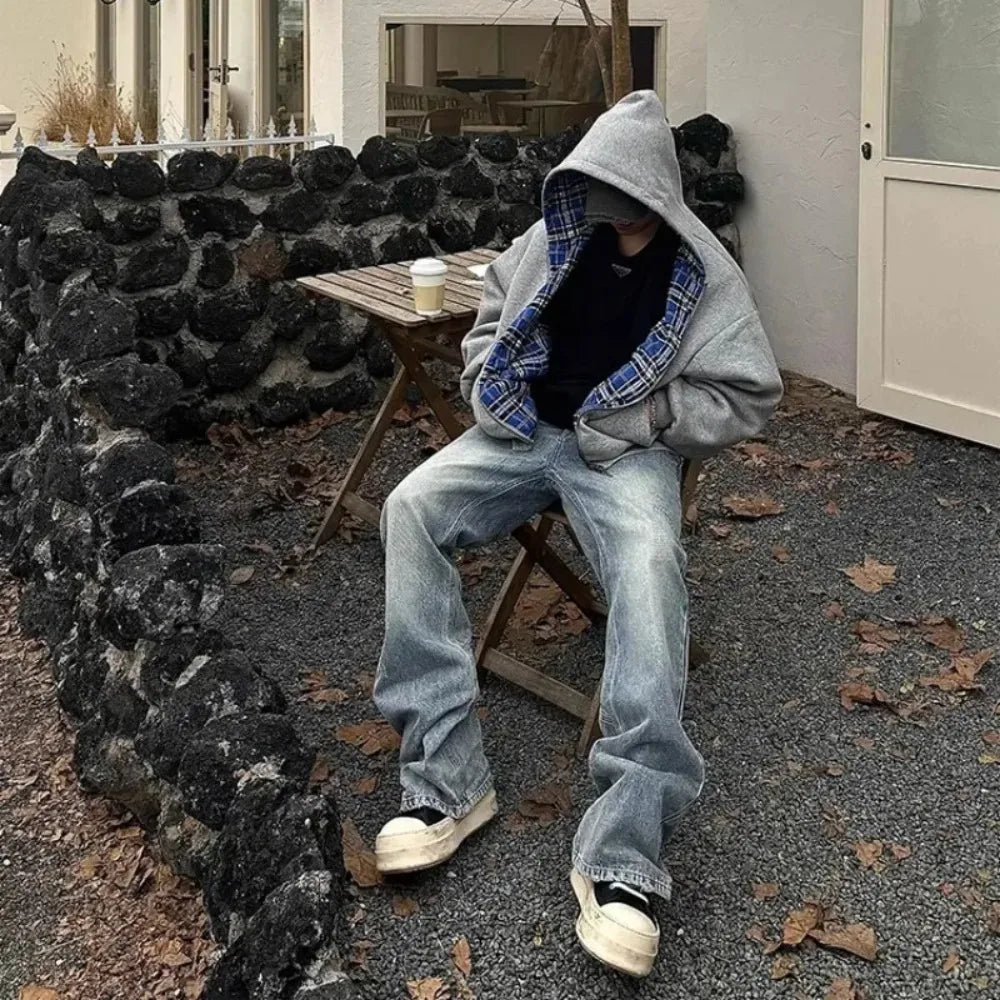 Grey Oversized Reversible Hoodie – Plaid Lining, Unisex Streetwear