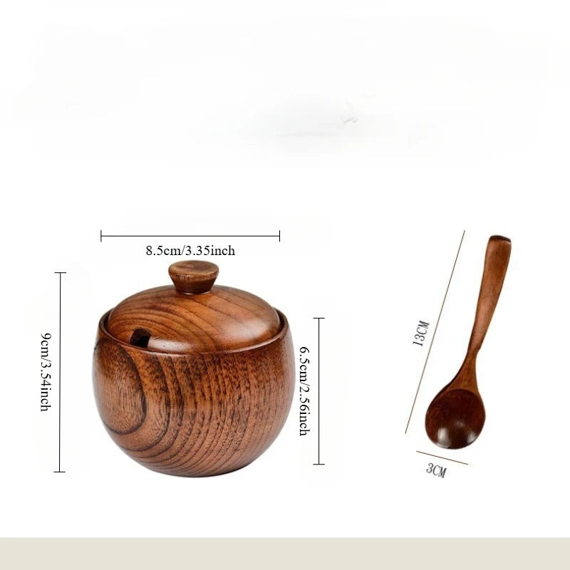Natural Wooden Salt Cellar with Lid and Spoon Sugar Bowl Pepper Seasoning Container Holder Keeper for Kitchen Serving, Condiment