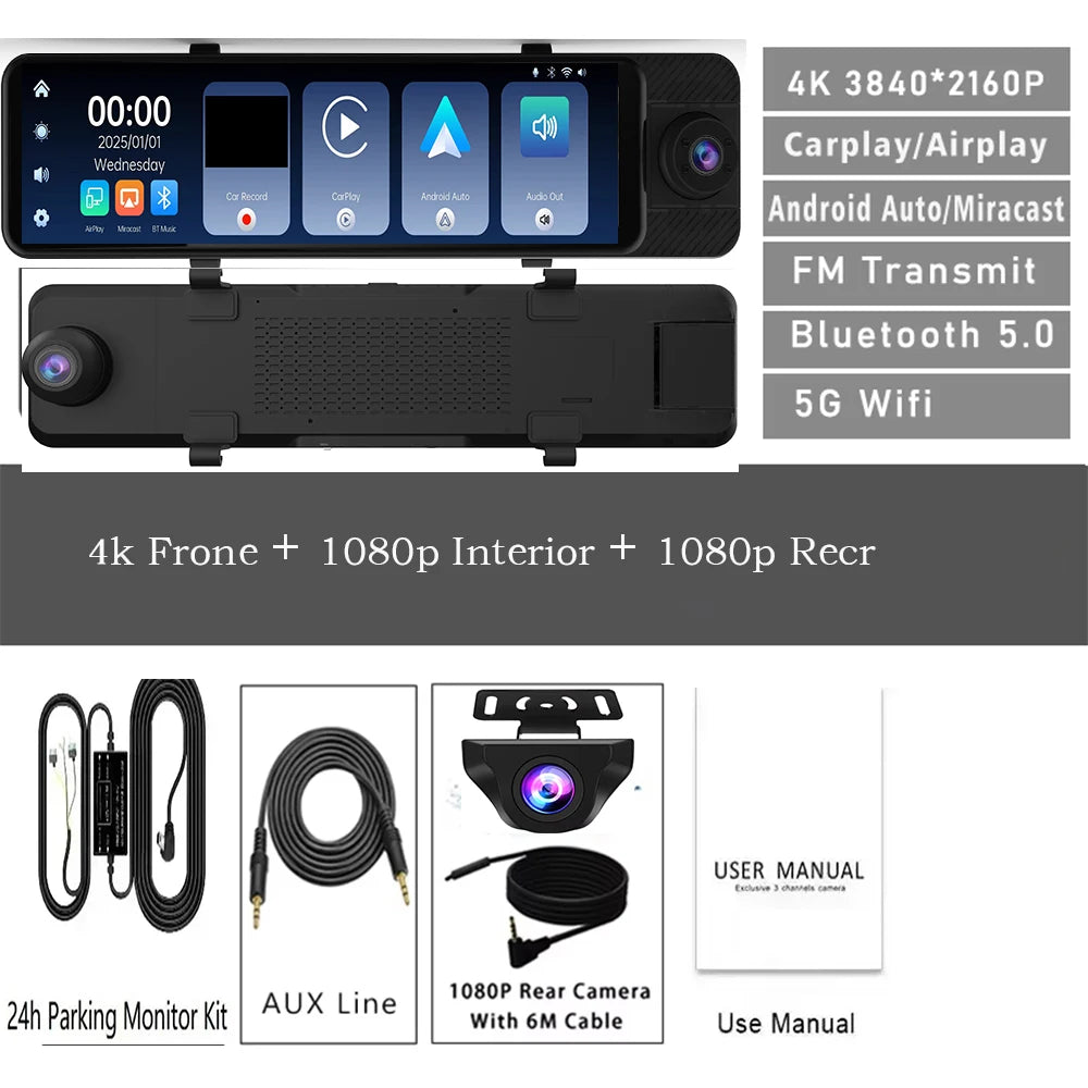 3 Channel 11" Mirror Dash Cam with Front 4K, in-Cabin & Rear 1080P Cameras, Enhanced Night Vision, G-Sensor & Parking Monitor,Tr