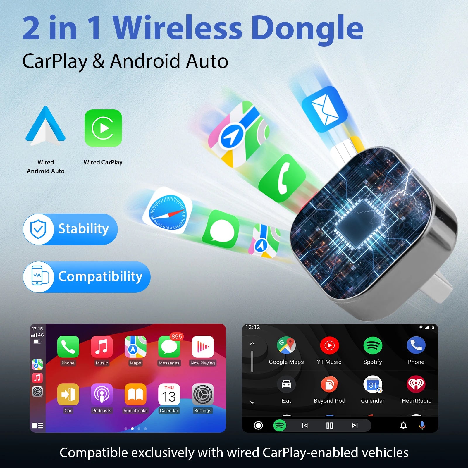 Pionray 2-in-1 Wireless CarPlay & Android Auto Adapter – 5GHz WiFi, USB/Type-C Plug & Play