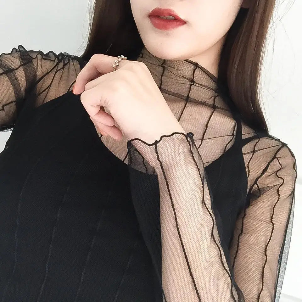 Spring Summer Women Sexy Black Mesh Tops Bottoming T Shirts Transparent Sheer Blouses Turtleneck Streetwear Tees Sunscreen Top