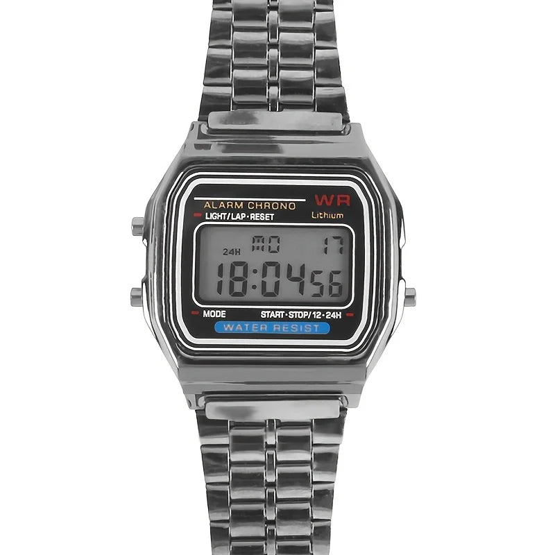 F91W LED Digital Watch – Steel Band, Multi-Functional Sports & Business Clock