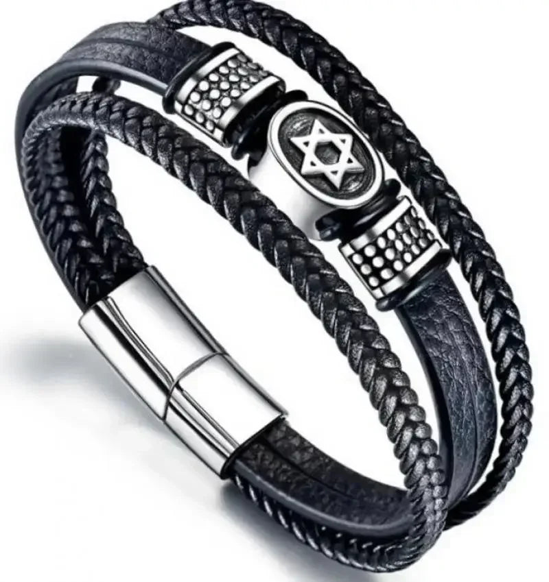Men’s Star of David Bracelet – Vintage Leather Braided Judaica Jewelry ✡️🖤