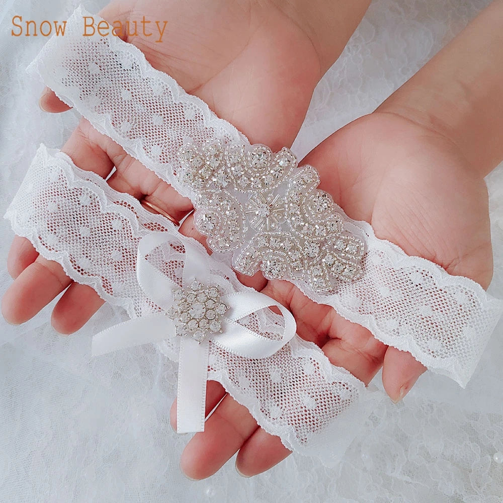 K03 2 PCS Sexy Lace Flower Crystal  Pearls Wedding Garter Belt Thigh Ring Bridal Leg Garter Stocking Garter Belt Girl Women