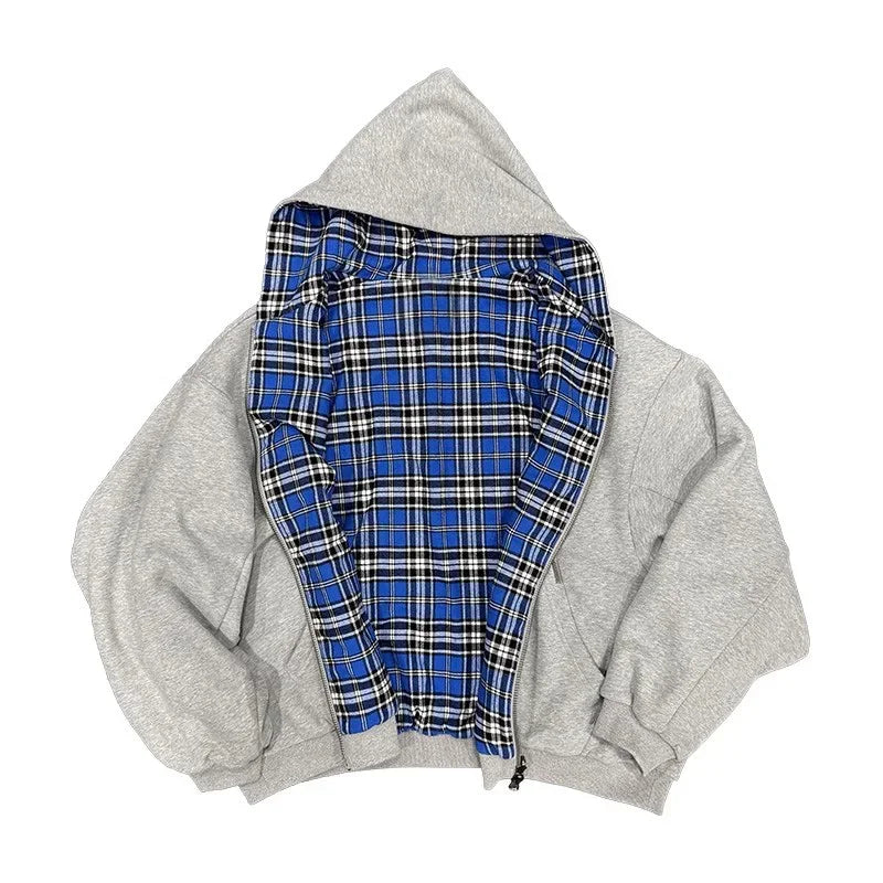 Grey Oversized Reversible Hoodie – Plaid Lining, Unisex Streetwear