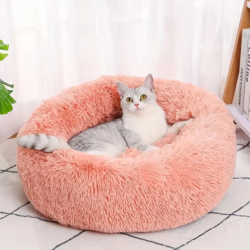 Striped Plush Pet Bed – Soft Round Nest for Cats & Dogs, Comfortable & Warm