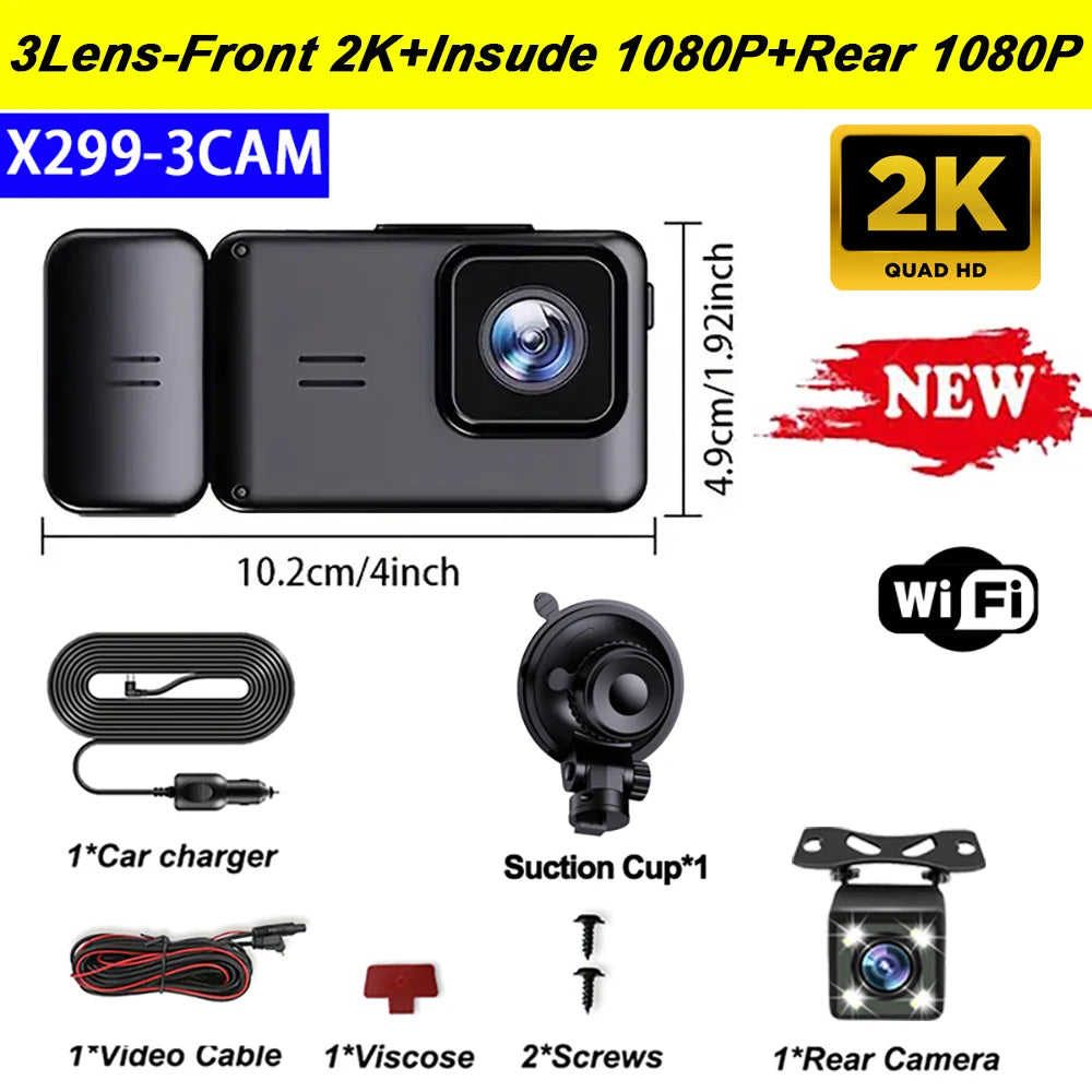 2K 3-Lens WiFi Car DVR Dash Cam with Night Vision & Parking Monitor 🚗📷