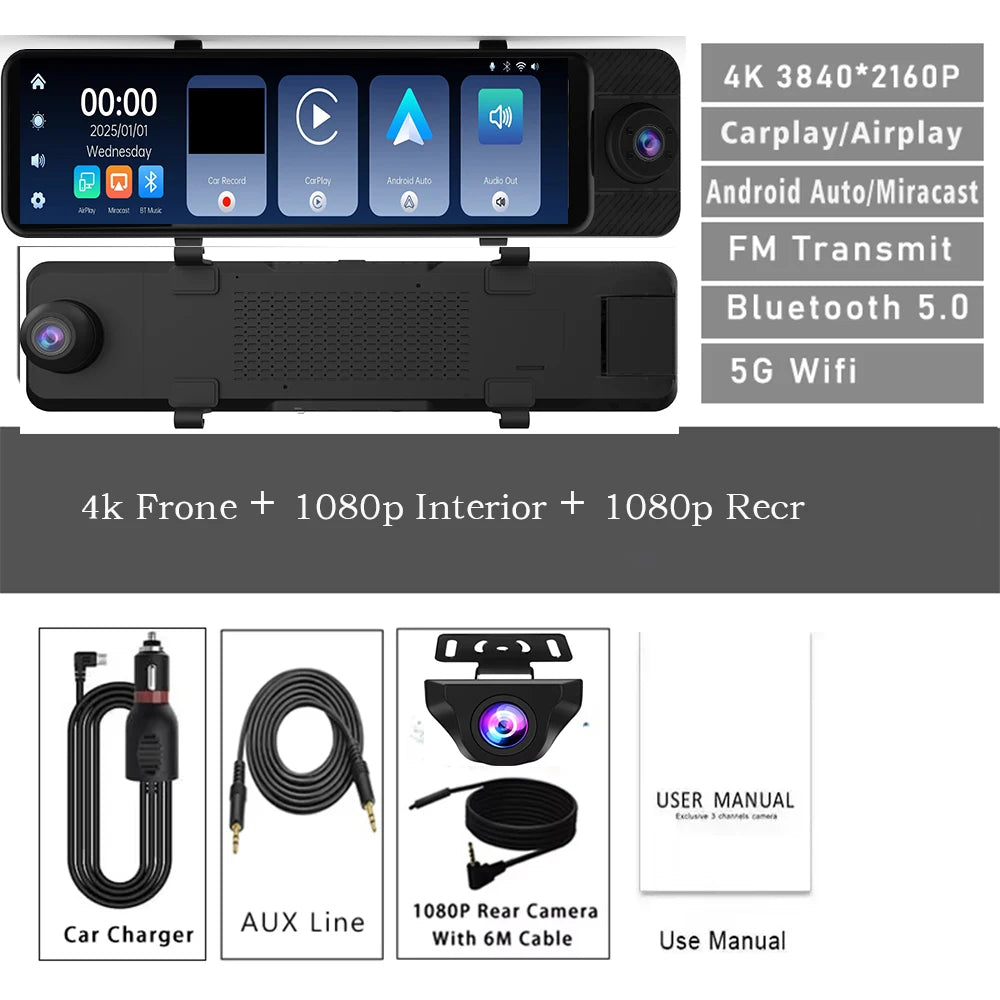 3 Channel 11" Mirror Dash Cam with Front 4K, in-Cabin & Rear 1080P Cameras, Enhanced Night Vision, G-Sensor & Parking Monitor,Tr