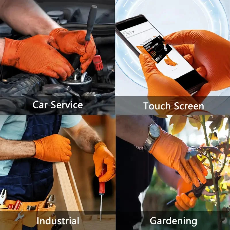 Heavy Duty Orange Nitrile Gloves – 8Mil Industrial Disposable with Diamond Grip