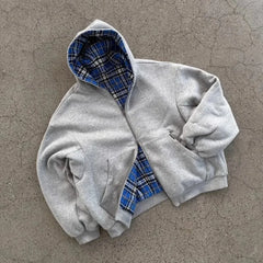 Grey Oversized Reversible Hoodie – Plaid Lining, Unisex Streetwear