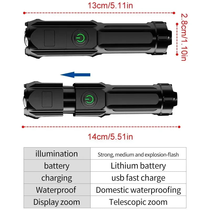 Powerful LED Flashlight – Rechargeable, Waterproof, Zoom, 100000 Lumens Tactical Light