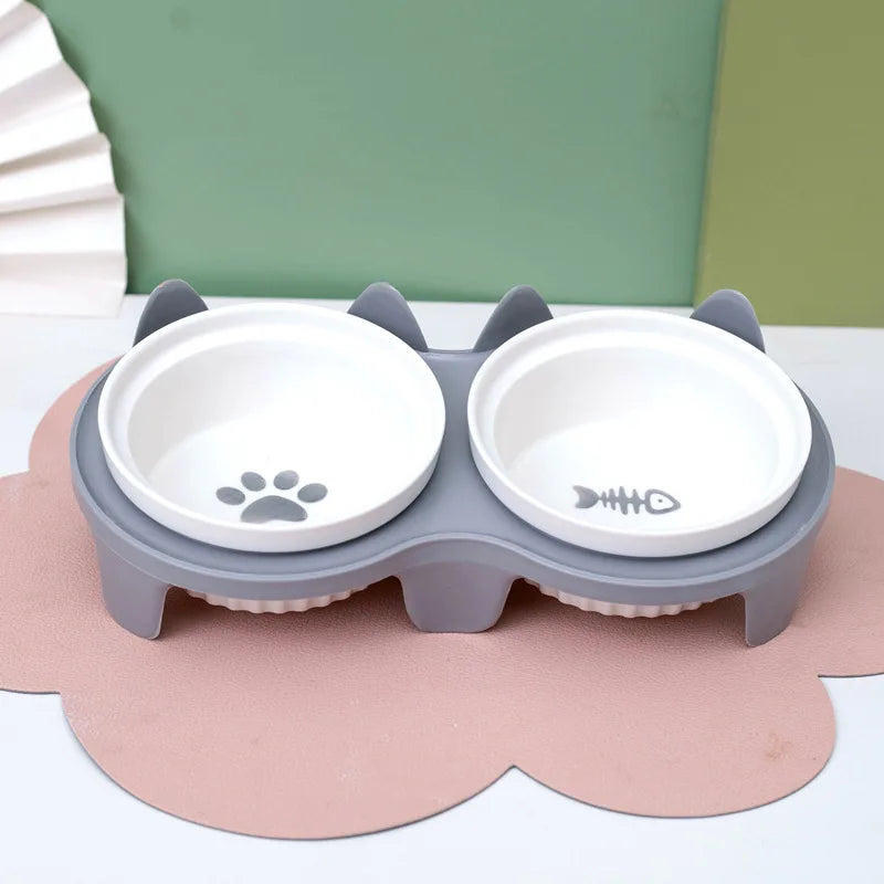 Inclined Double Ceramic Bowl – Protects Pet’s Neck