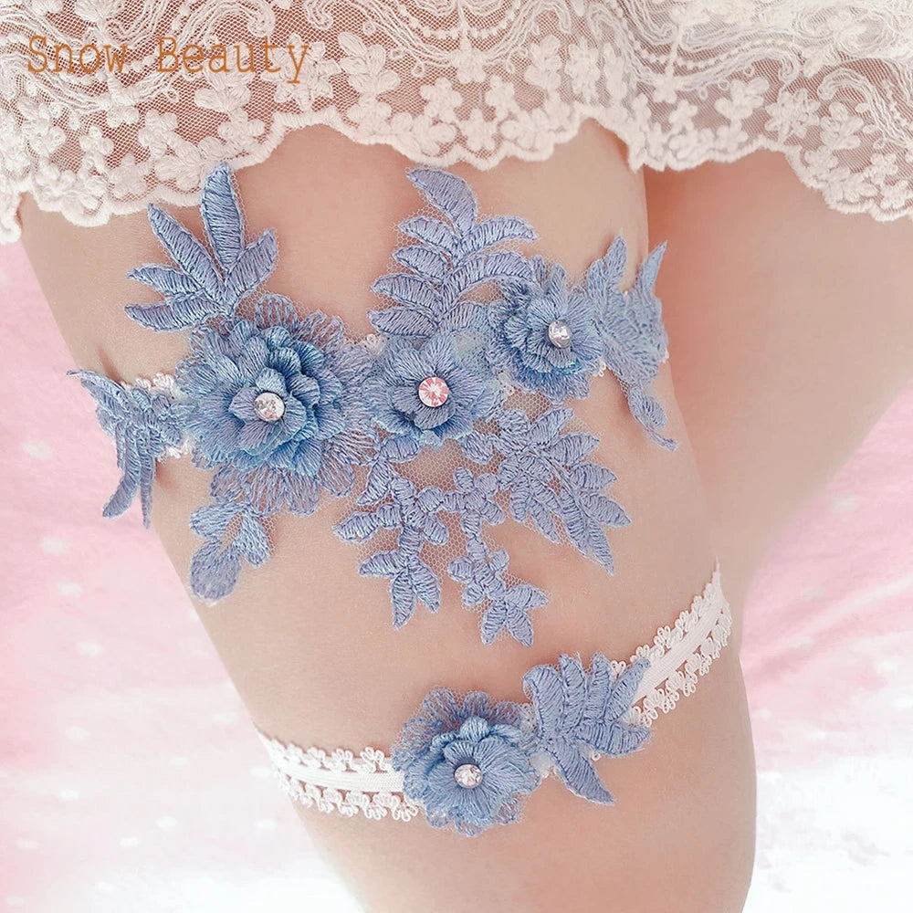 K03 2 PCS Sexy Lace Flower Crystal  Pearls Wedding Garter Belt Thigh Ring Bridal Leg Garter Stocking Garter Belt Girl Women