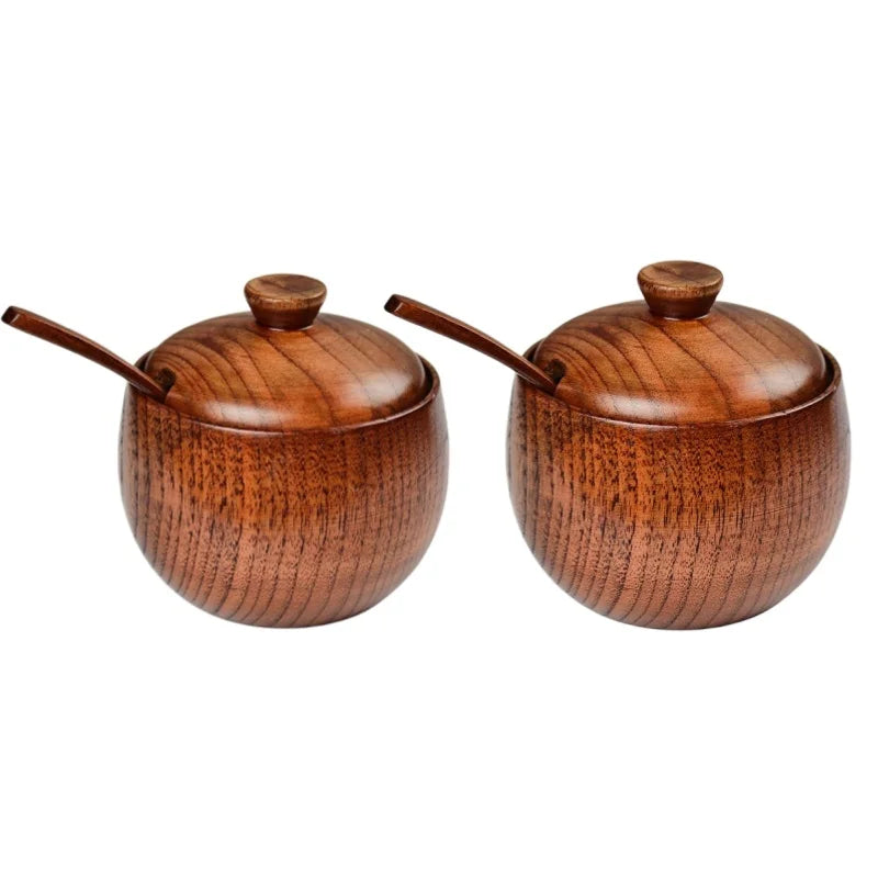 Natural Wooden Salt Cellar with Lid and Spoon Sugar Bowl Pepper Seasoning Container Holder Keeper for Kitchen Serving, Condiment