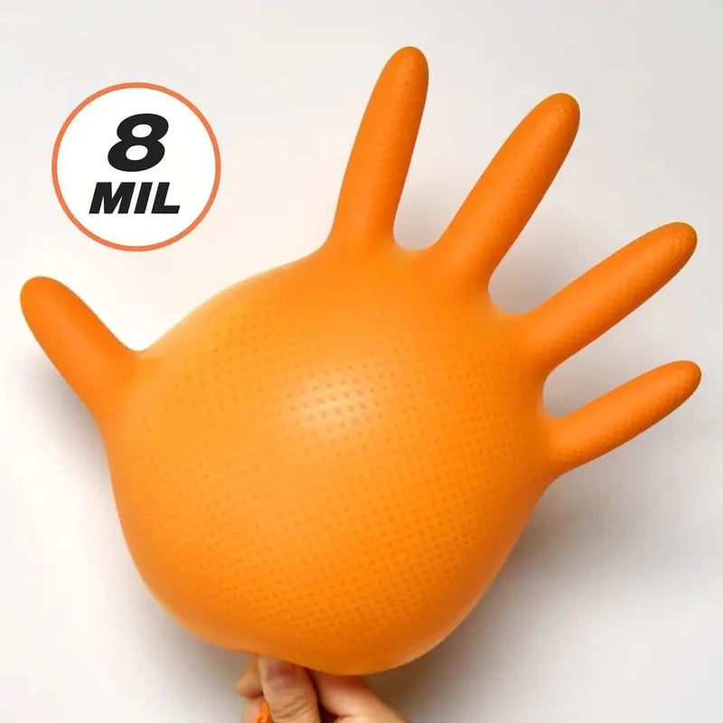Heavy Duty Orange Nitrile Gloves – 8Mil Industrial Disposable with Diamond Grip
