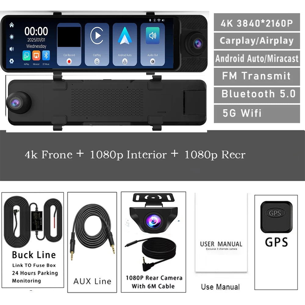 3 Channel 11" Mirror Dash Cam with Front 4K, in-Cabin & Rear 1080P Cameras, Enhanced Night Vision, G-Sensor & Parking Monitor,Tr