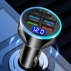 250W PD Car Charger QC3.0 Fast Charge two to Six Port Car Cigarette Lighter Plug Car Charger Flash Charge with Digital Display