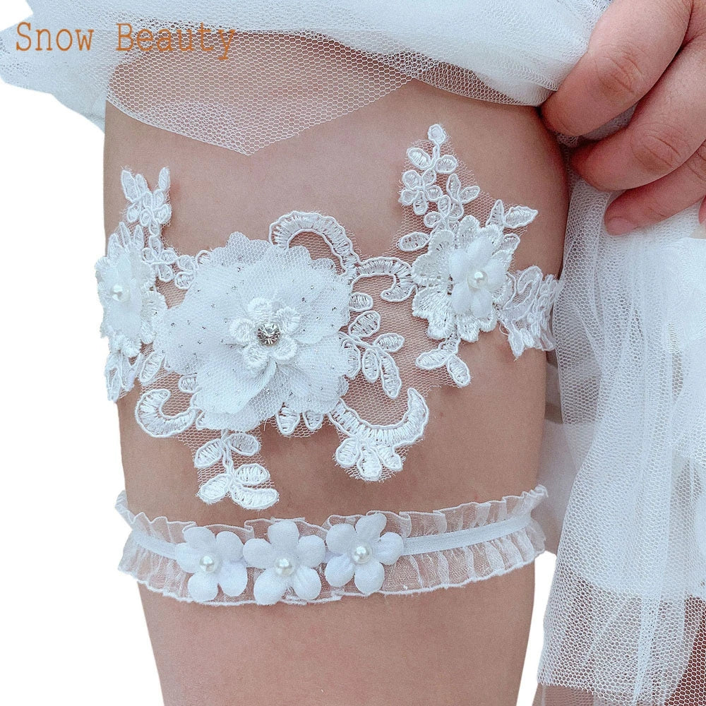 K03 2 PCS Sexy Lace Flower Crystal  Pearls Wedding Garter Belt Thigh Ring Bridal Leg Garter Stocking Garter Belt Girl Women