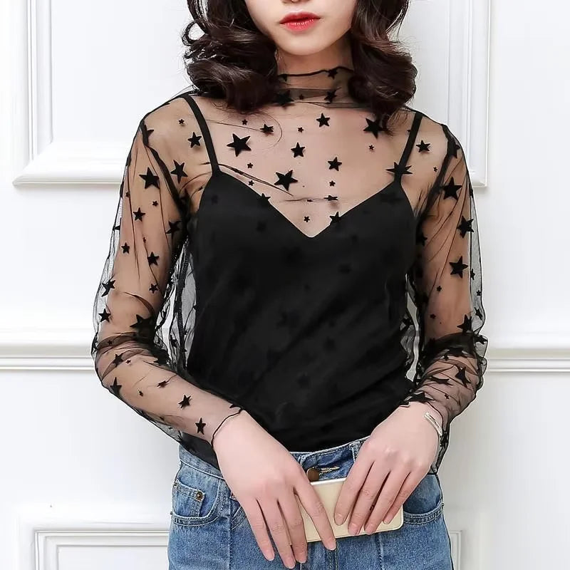 Spring Summer Women Sexy Black Mesh Tops Bottoming T Shirts Transparent Sheer Blouses Turtleneck Streetwear Tees Sunscreen Top