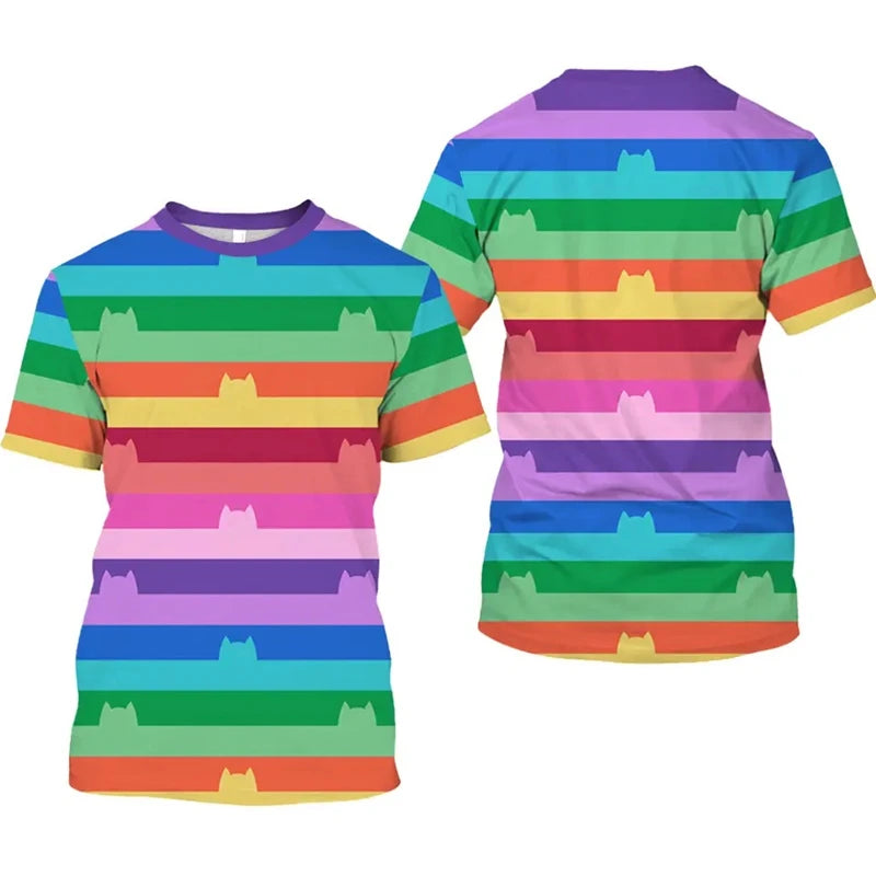 Rainbow Cat Striped T-Shirt – Kids Summer Tee, Short Sleeve