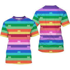 Rainbow Cat Striped T-Shirt – Kids Summer Tee, Short Sleeve