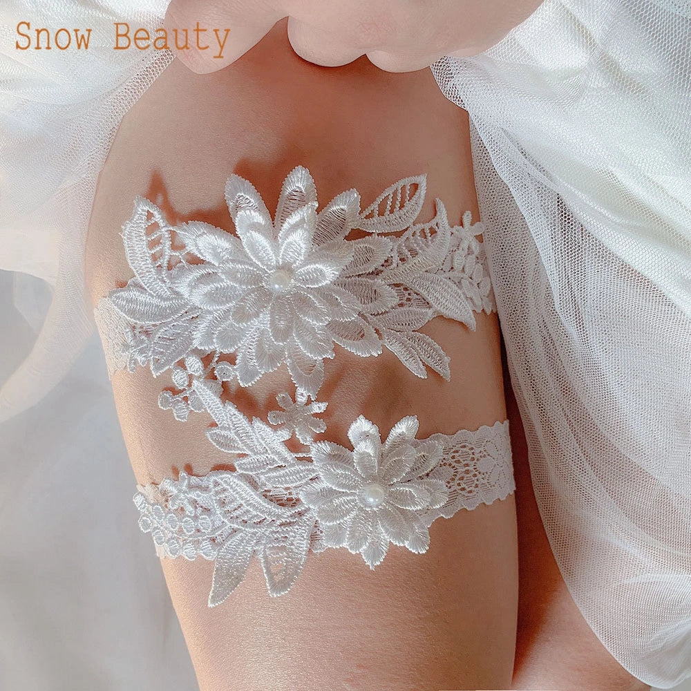 K03 2 PCS Sexy Lace Flower Crystal  Pearls Wedding Garter Belt Thigh Ring Bridal Leg Garter Stocking Garter Belt Girl Women