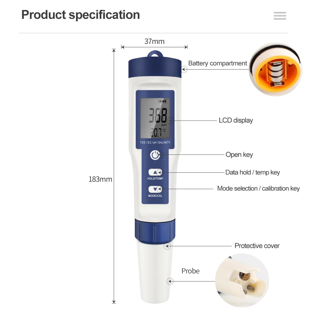 5-in-1 Digital PH/TDS/EC Meter Pen – Aquarium Water Tester with Backlight