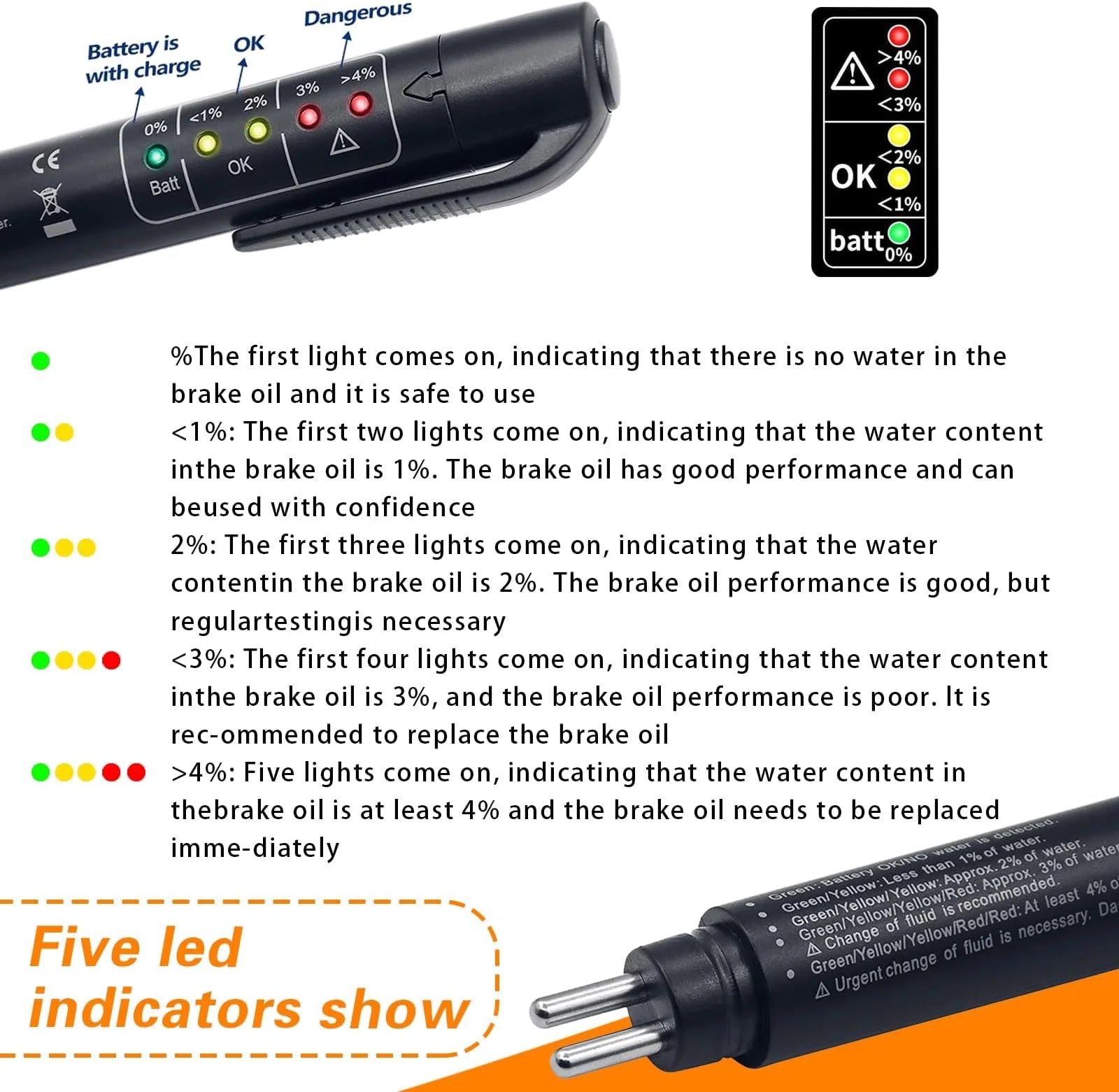 Car Brake Diagnostic Testing Tool Brake Fluid Tester Pen with 5 LED Indicators Hydraulic Fluid Liquid Oil Moisture Analyzer