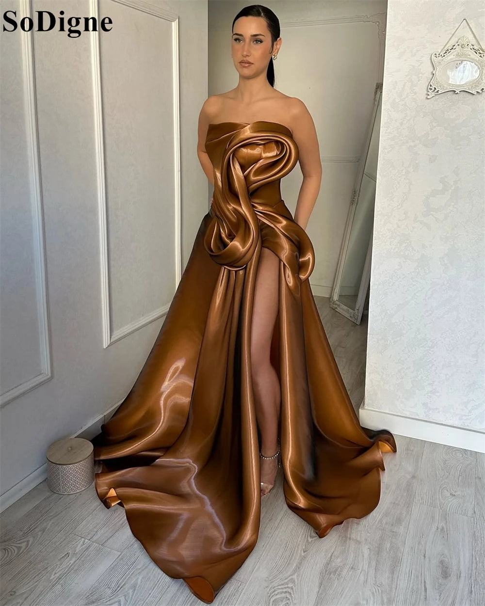 SoDigne Elegant Brown Evening Dresses A-Line Draped High Split Ruffles Strapless Long Party Dress Modern Prom Gowns Customized