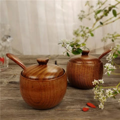 Natural Wooden Salt Cellar with Lid and Spoon Sugar Bowl Pepper Seasoning Container Holder Keeper for Kitchen Serving, Condiment