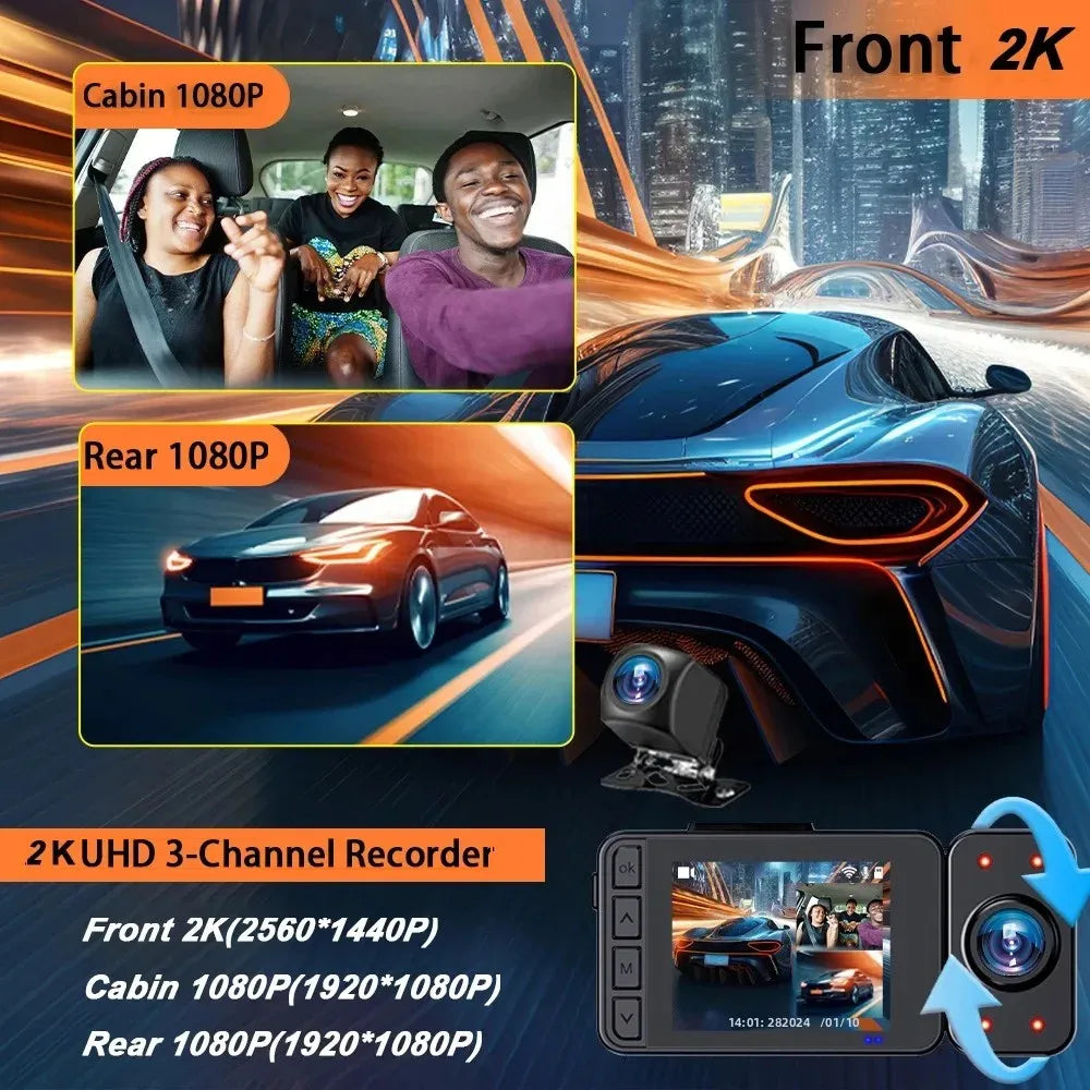 2K 3-Lens WiFi Car DVR Dash Cam with Night Vision & Parking Monitor 🚗📷